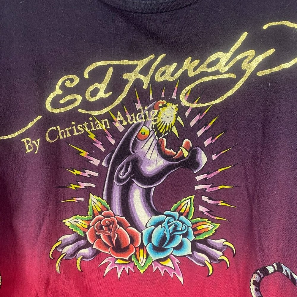 Authentic Ed Hardy Red to Black Ombre Long Sleeve Tee with Graphic Tiger & Rose - Picture 4 of 12